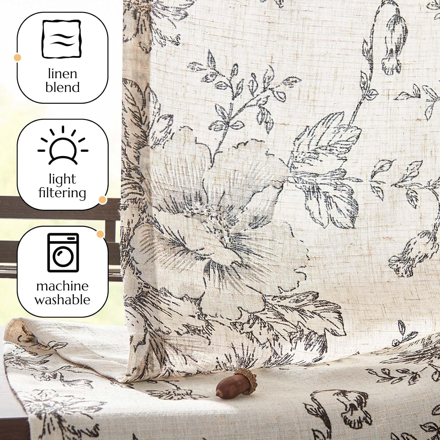 Alternative view of Vangao Linen Valance Curtain Farmhouse Black Floral Window Valance for Bedroom, 16 Inch French Country Flower Small Drapes for Kitchen Light Filtering Window Treatments Rod Pocket 1 Panel