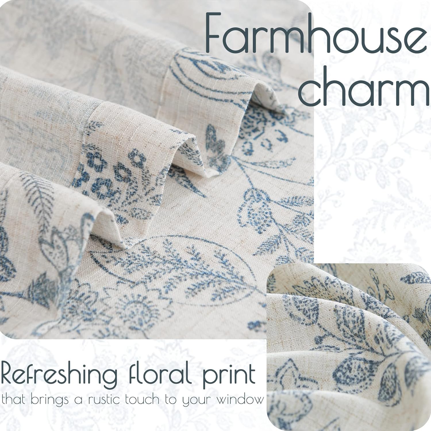 jinchan Floral Kitchen Curtains for Windows 36 Inch Linen Tier Farmhouse Cafe Curtains Country Botanic Small Window Rod Pocket Rustic Flax for Laundry Bathroom RV 2 Panels Blue on Beige - Image 5