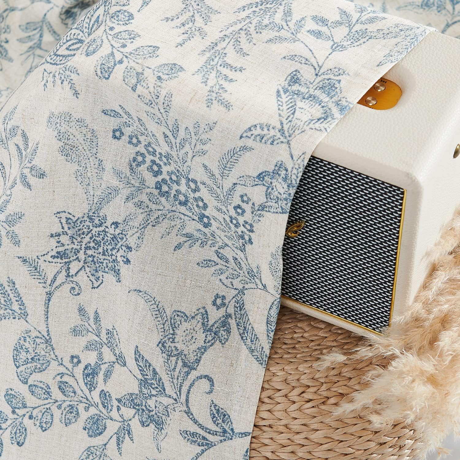 jinchan Floral Kitchen Curtains for Windows 36 Inch Linen Tier Farmhouse Cafe Curtains Country Botanic Small Window Rod Pocket Rustic Flax for Laundry Bathroom RV 2 Panels Blue on Beige - Image 7