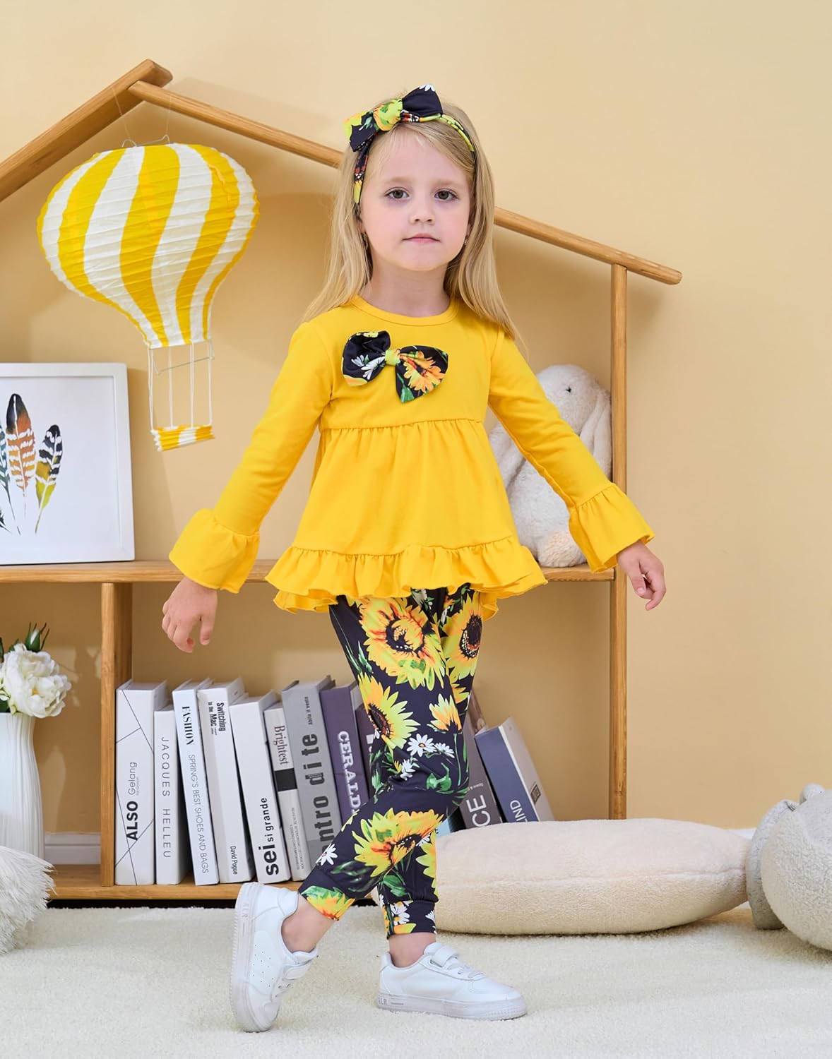 Ayzozuy Toddler Baby Girl Clothes Floral Outfit Ruffle Sleeve Shirt with Headband 3PC Pant Set Fall Clothing for Girl