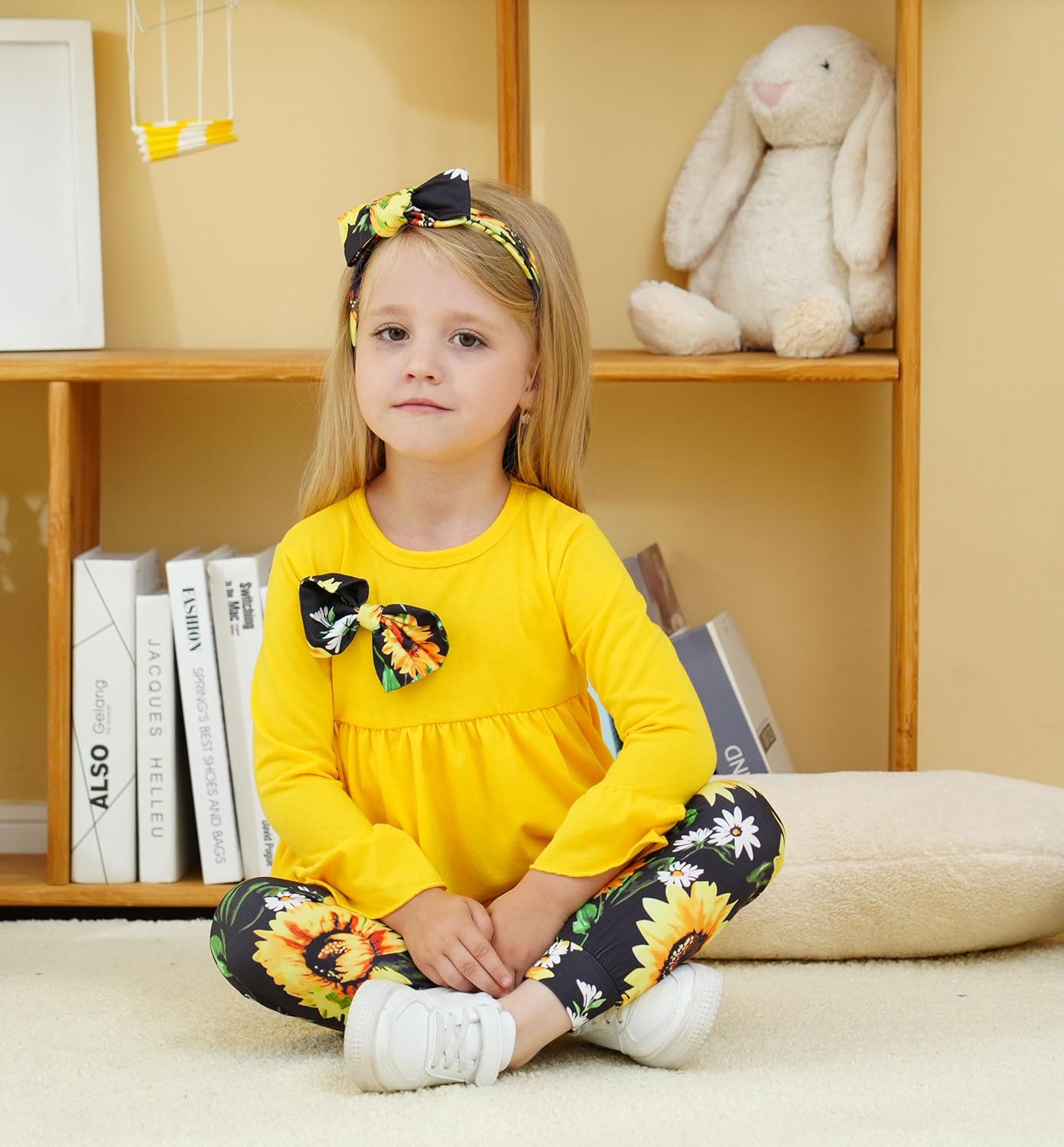 Alternative view of Ayzozuy Toddler Baby Girl Clothes Floral Outfit Ruffle Sleeve Shirt with Headband 3PC Pant Set Fall Clothing for Girl