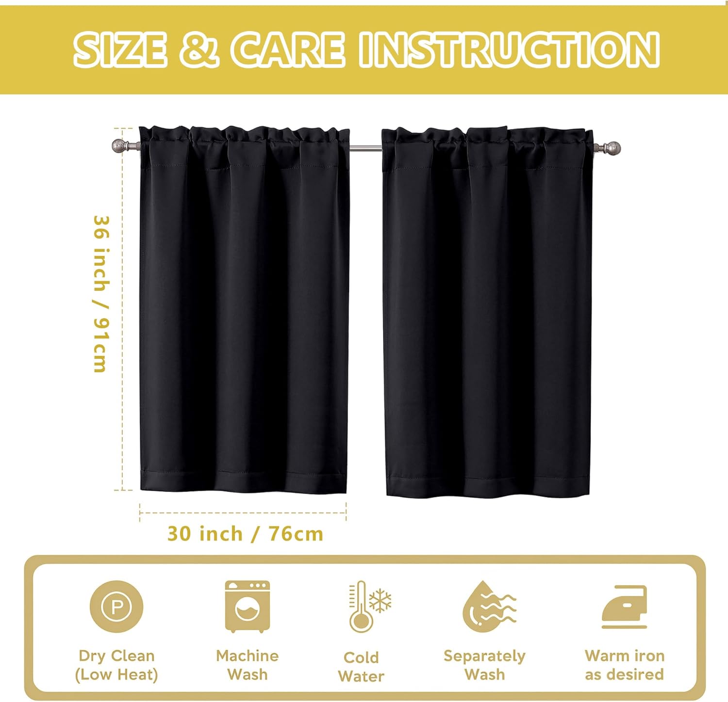 OWENIE Black Kitchen Curtains 36 Inch Length, Short Blackout Small Thermal Insulated Cafe Curtains Tier Over Sink Rod Pocket Half Window for Bathroom Bedroom Camper RV Bunk, 2 Panels, Each 30" Wx36 L
