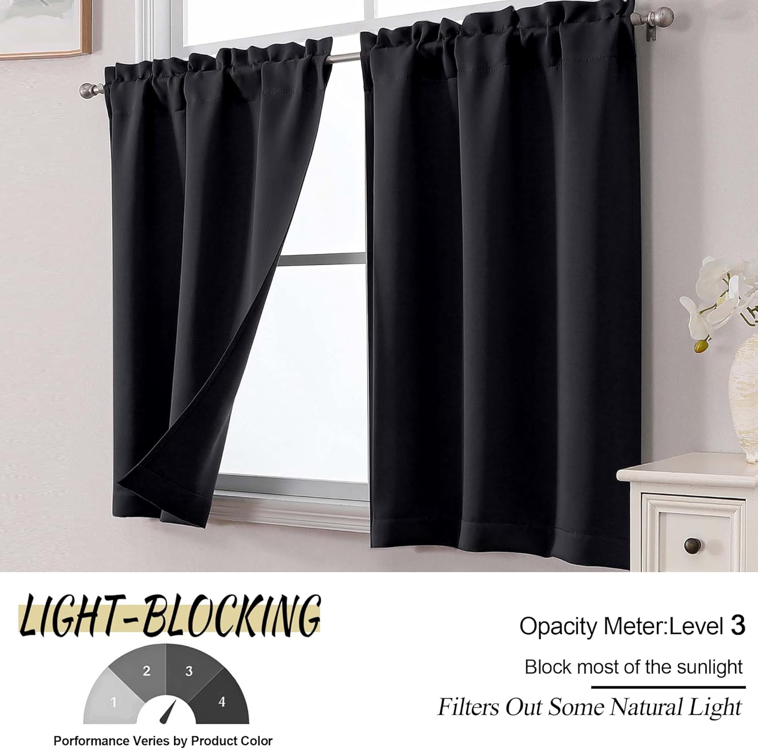 Alternative view of OWENIE Black Kitchen Curtains 36 Inch Length, Short Blackout Small Thermal Insulated Cafe Curtains Tier Over Sink Rod Pocket Half Window for Bathroom Bedroom Camper RV Bunk, 2 Panels, Each 30" Wx36 L