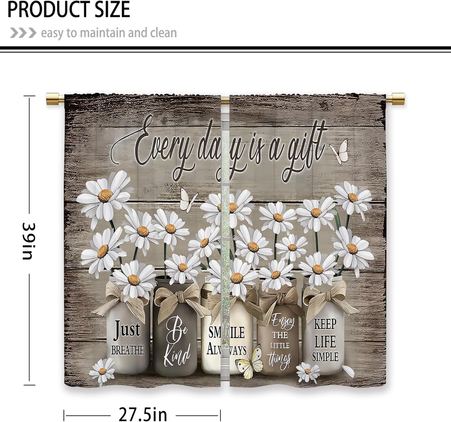 Laifzere Farmhouse Floral Kitchen Curtains Daisy Rustic Vintage Flower Inspirational Small Short Cafe Window Curtains Wooden Country Quotes Bathroom Tier Window Treatment Drapes (27.5x39 Inch)