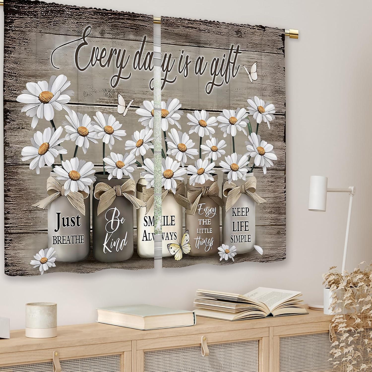 Alternative view of Laifzere Farmhouse Floral Kitchen Curtains Daisy Rustic Vintage Flower Inspirational Small Short Cafe Window Curtains Wooden Country Quotes Bathroom Tier Window Treatment Drapes (27.5x39 Inch)