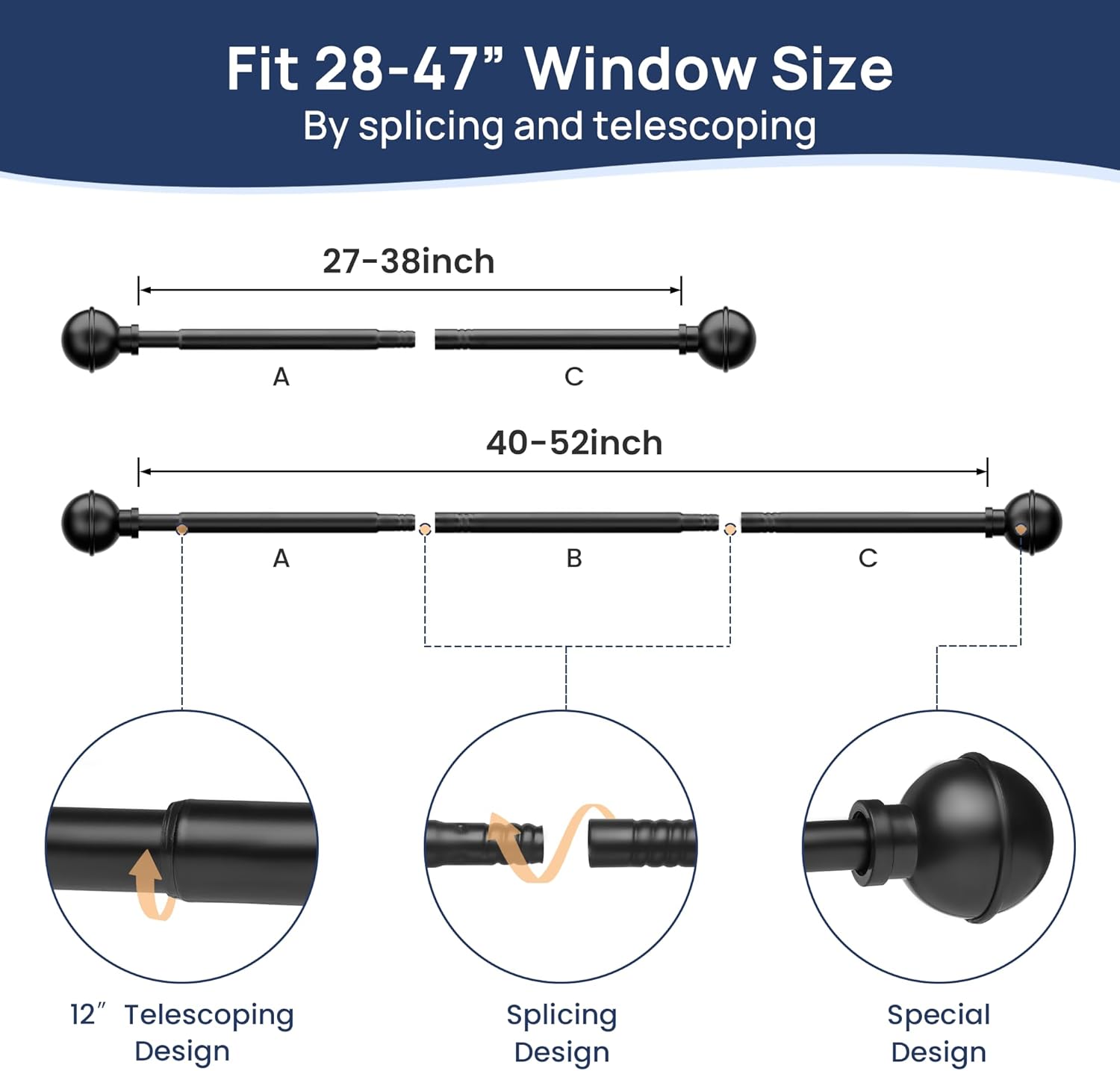 ENJOYBASICS No Drill Curtain Rods for Window 28 to 47 Inches, 5/8 Inch Diameter Renter Friendly Drapery Rod with Adhesive Brackets without Drilling, Adjustable from 27 to 52 Inches, Black