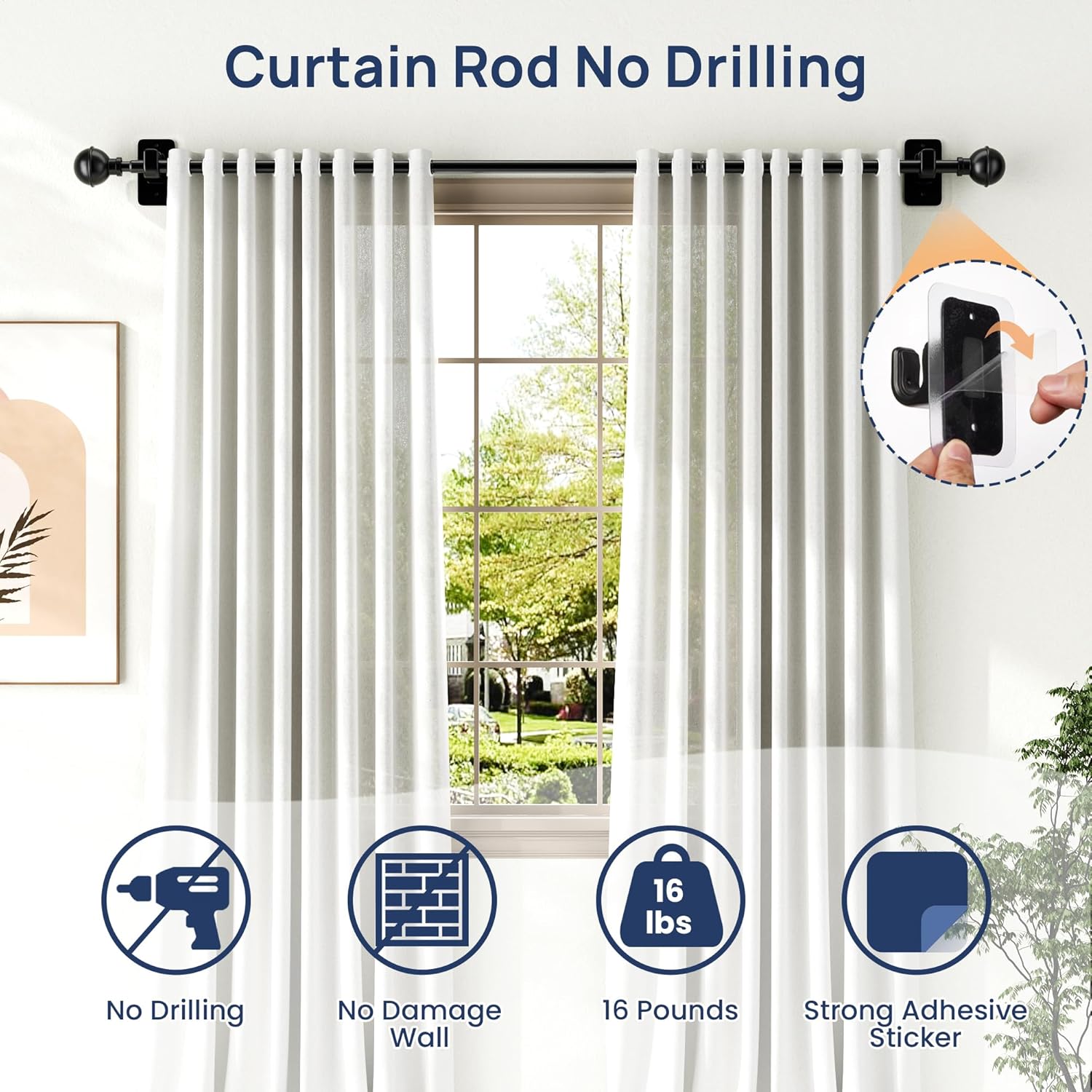 ENJOYBASICS No Drill Curtain Rods for Window 28 to 47 Inches, 5/8 Inch Diameter Renter Friendly Drapery Rod with Adhesive Brackets without Drilling, Adjustable from 27 to 52 Inches, Black - Image 4