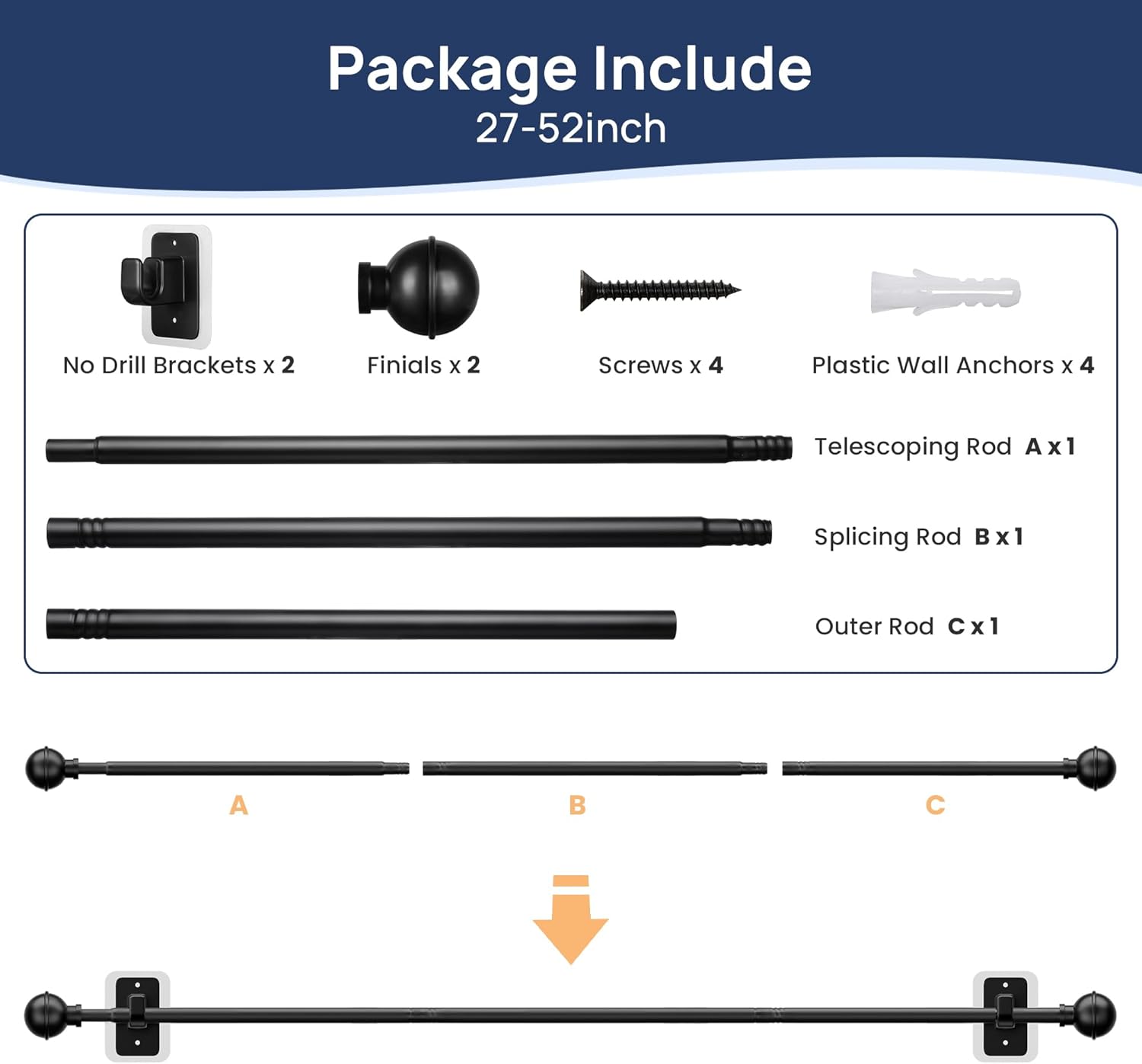 ENJOYBASICS No Drill Curtain Rods for Window 28 to 47 Inches, 5/8 Inch Diameter Renter Friendly Drapery Rod with Adhesive Brackets without Drilling, Adjustable from 27 to 52 Inches, Black - Image 6