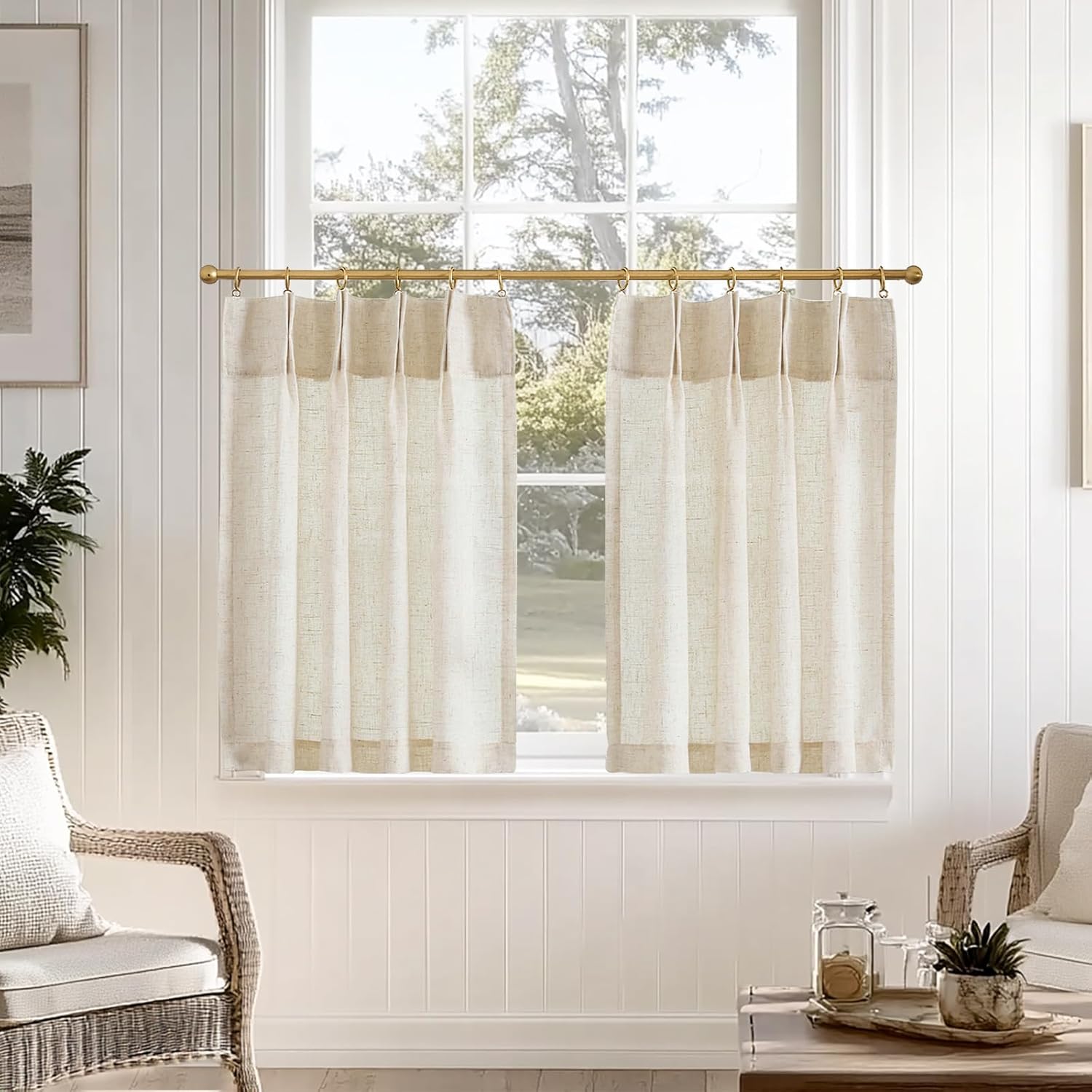 Alternative view of jinchan Linen Pinch Pleated Kitchen Curtains 24 Inch 2 Panels Natural Linen Tier Curtains Back Tab Beige Farmhouse Cafe Light Filtering Small Window Drapes for Bathroom Laundry Room Beige
