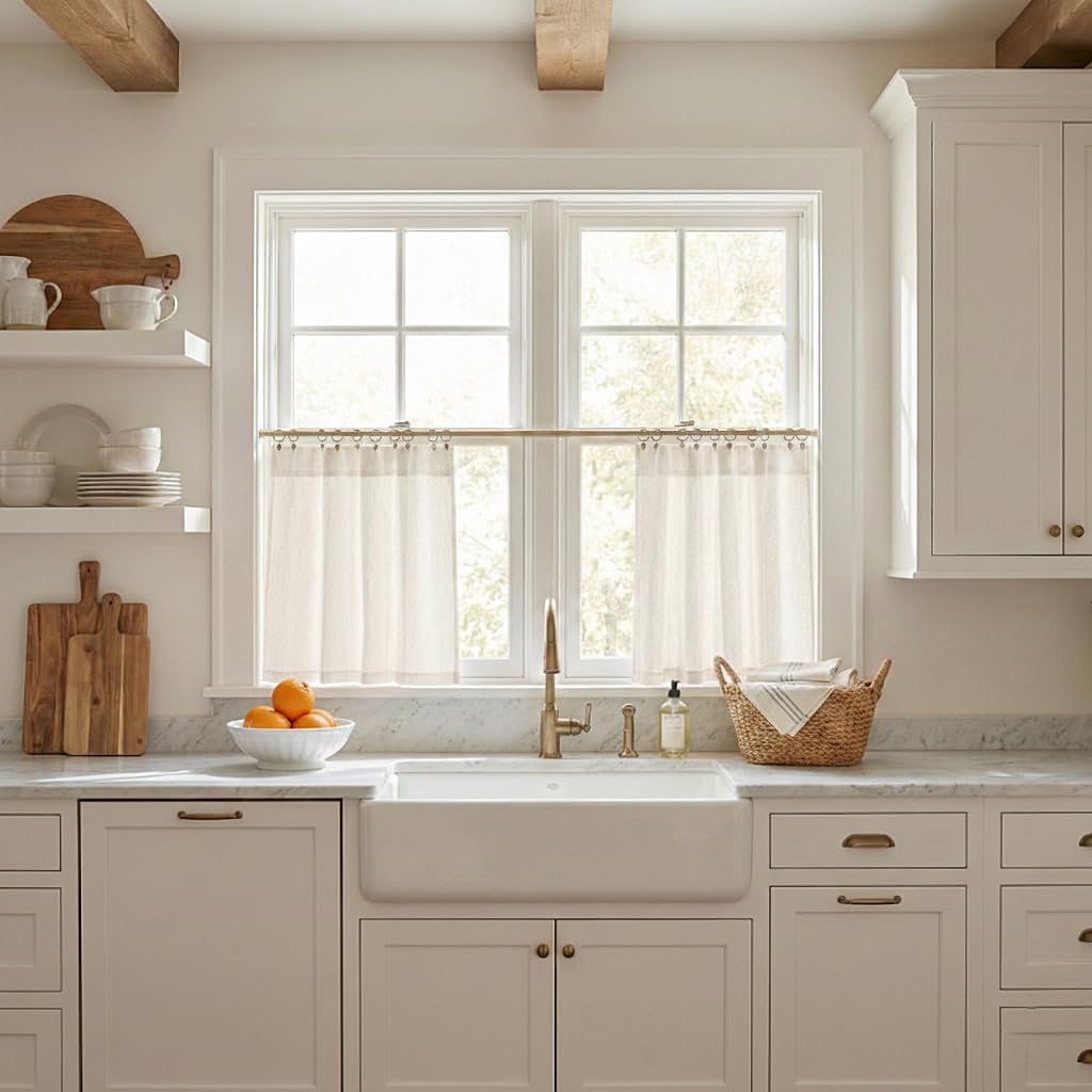 NICETOWN Linen Cafe Curtains for Kitchen Sink Over, W34 x L30 in, 2 Panels, Short Curtains Light Filtering Semi Sheer for Small Windows, Bathroom Back Tab & Rod Pocket Privacy Tiers, Natural Beige