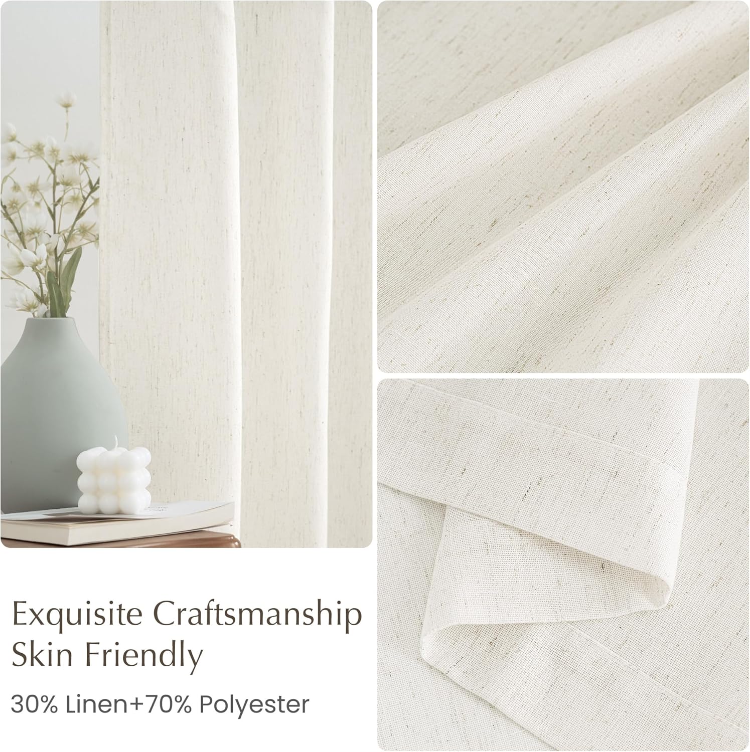 Alternative view of NICETOWN Linen Cafe Curtains for Kitchen Sink Over, W34 x L30 in, 2 Panels, Short Curtains Light Filtering Semi Sheer for Small Windows, Bathroom Back Tab & Rod Pocket Privacy Tiers, Natural Beige