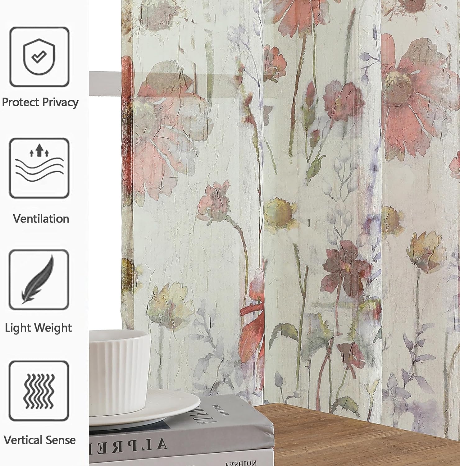 Alternative view of OWENIE Crushed Kitchen Window Curtains 45 Inches Length 2 Panels, Elegant Farmhouse Printed Short Semi Sheer Curtains for Cafe Bathroom Bedroom, Light Filtering Rod Pocket Curtain, 42Wx45L inch