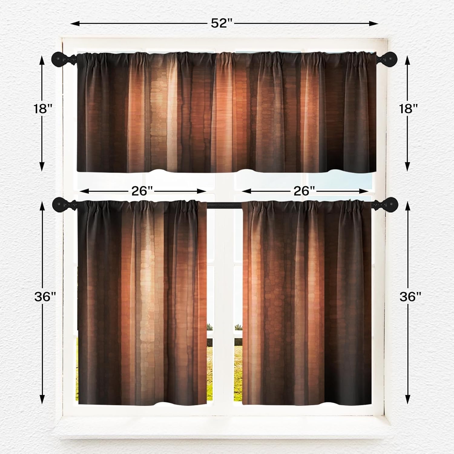 Emvency 36 Inch Kitchen Curtains Brown Orange Copper Window Curtains and Valances Set of 3, Abstract Glass and Vintage Stripe Design Short Tier Curtain, Vintage Small Kitchen Decor