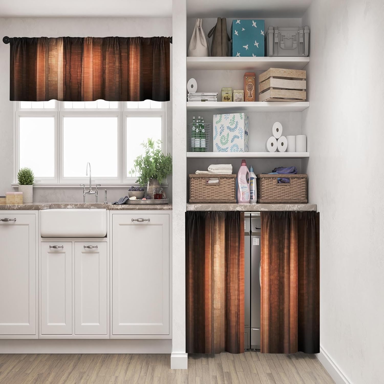 Alternative view of Emvency 36 Inch Kitchen Curtains Brown Orange Copper Window Curtains and Valances Set of 3, Abstract Glass and Vintage Stripe Design Short Tier Curtain, Vintage Small Kitchen Decor