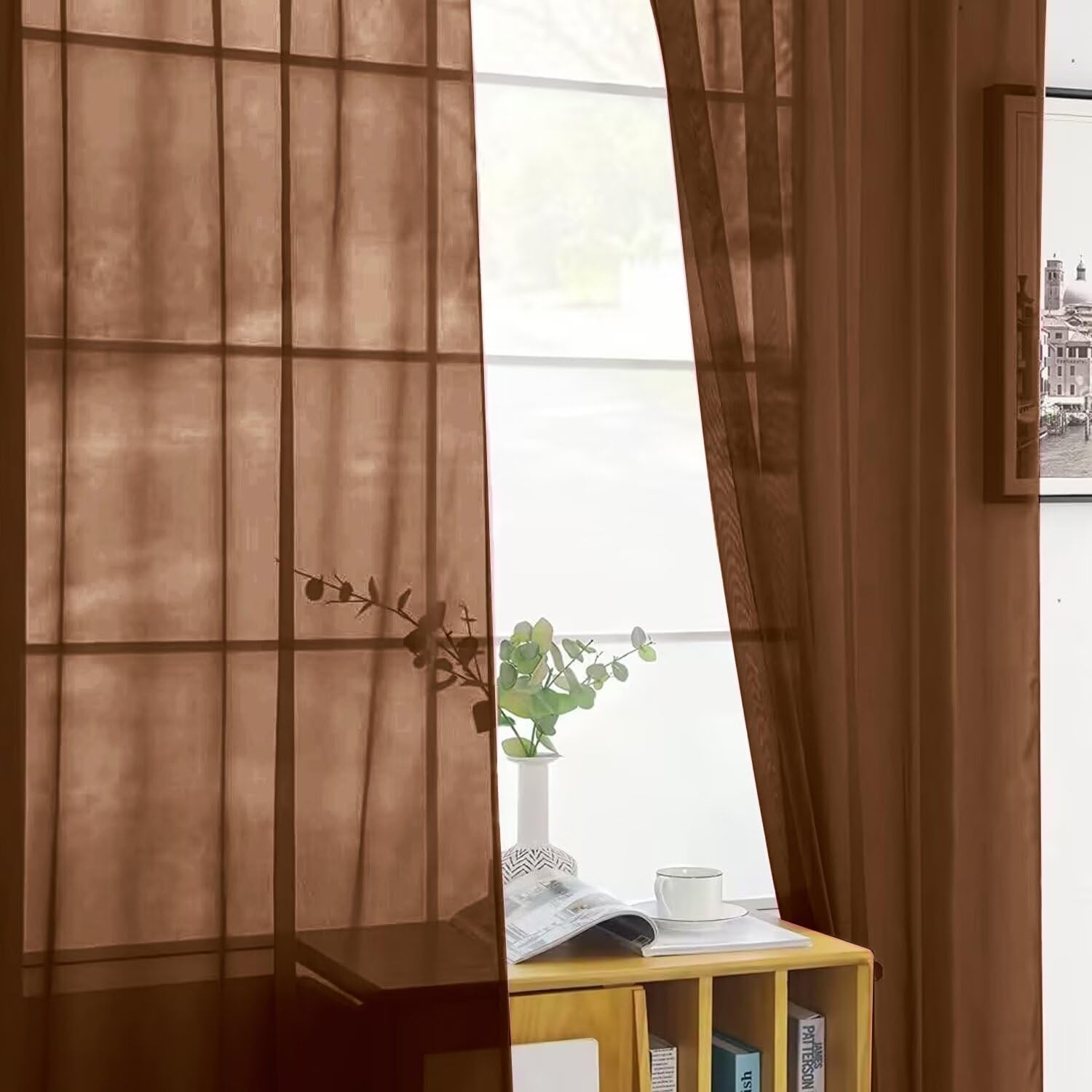 Alternative view of SpaceDresser Sheer Voile Window Treatment Rod Pocket Curtain Panels for Kitchen Bedroom Living Room Drapes Sunlight Filtering Privacy Semi Home Decor Assorted (Brown, 52 W x 84 L)