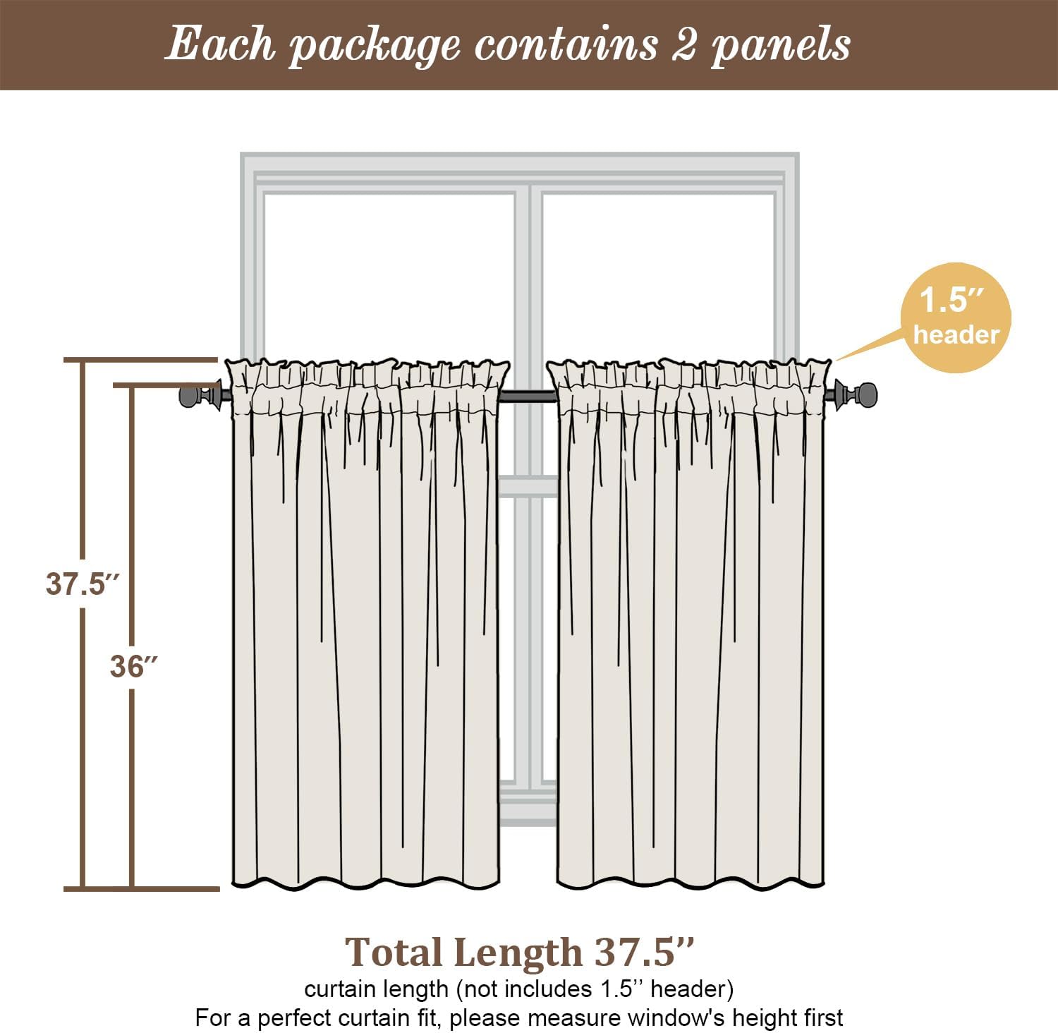 Chyhomenyc Roman Kitchen Curtains 36 Inch Length, Light Filtering Linen Blend Textured Small Window Curtains Over Sink, Leaf Floral Printed Short Curtain for Bathroom Basement, 28Wx36L inch, 2PCS