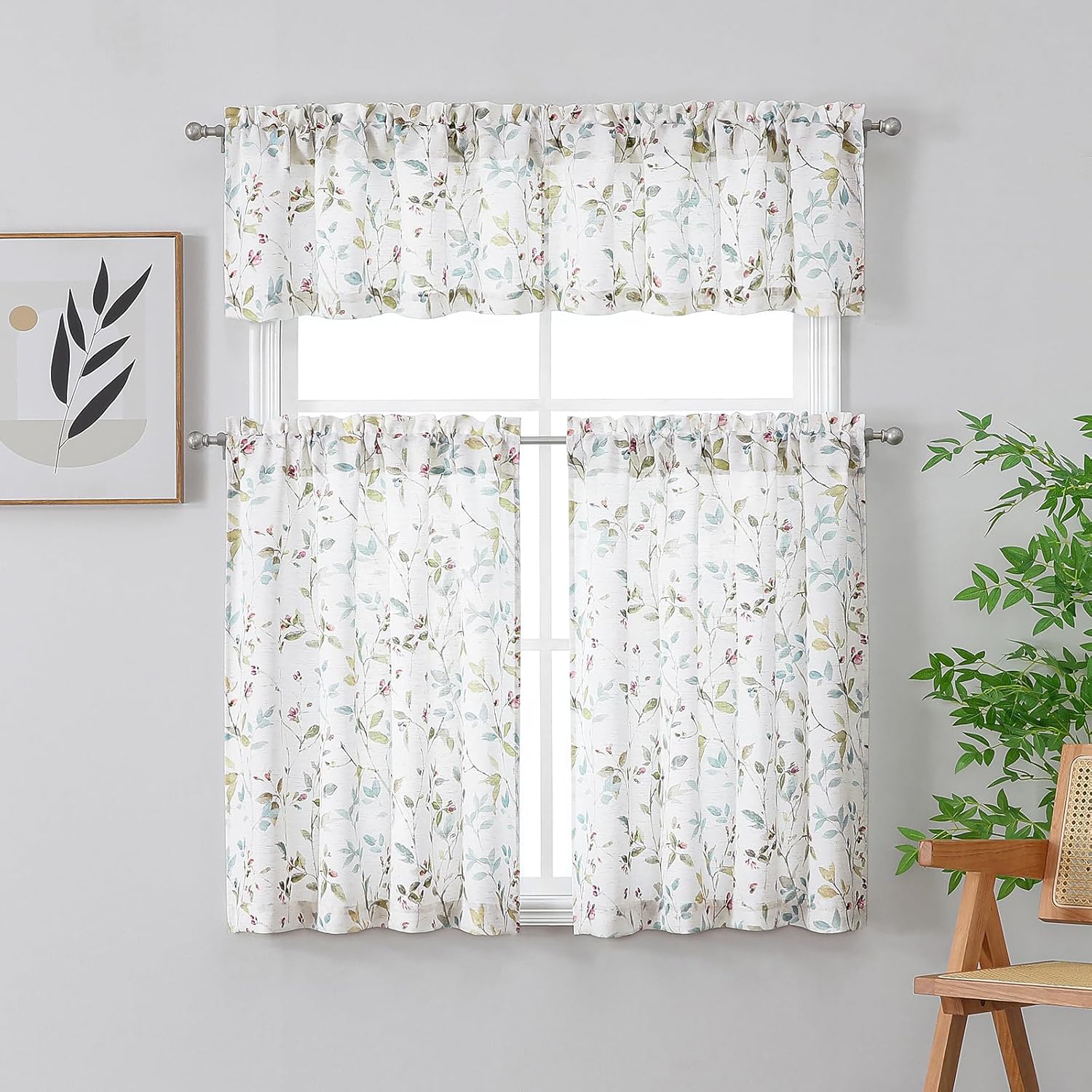 Alternative view of Chyhomenyc Roman Kitchen Curtains 36 Inch Length, Light Filtering Linen Blend Textured Small Window Curtains Over Sink, Leaf Floral Printed Short Curtain for Bathroom Basement, 28Wx36L inch, 2PCS