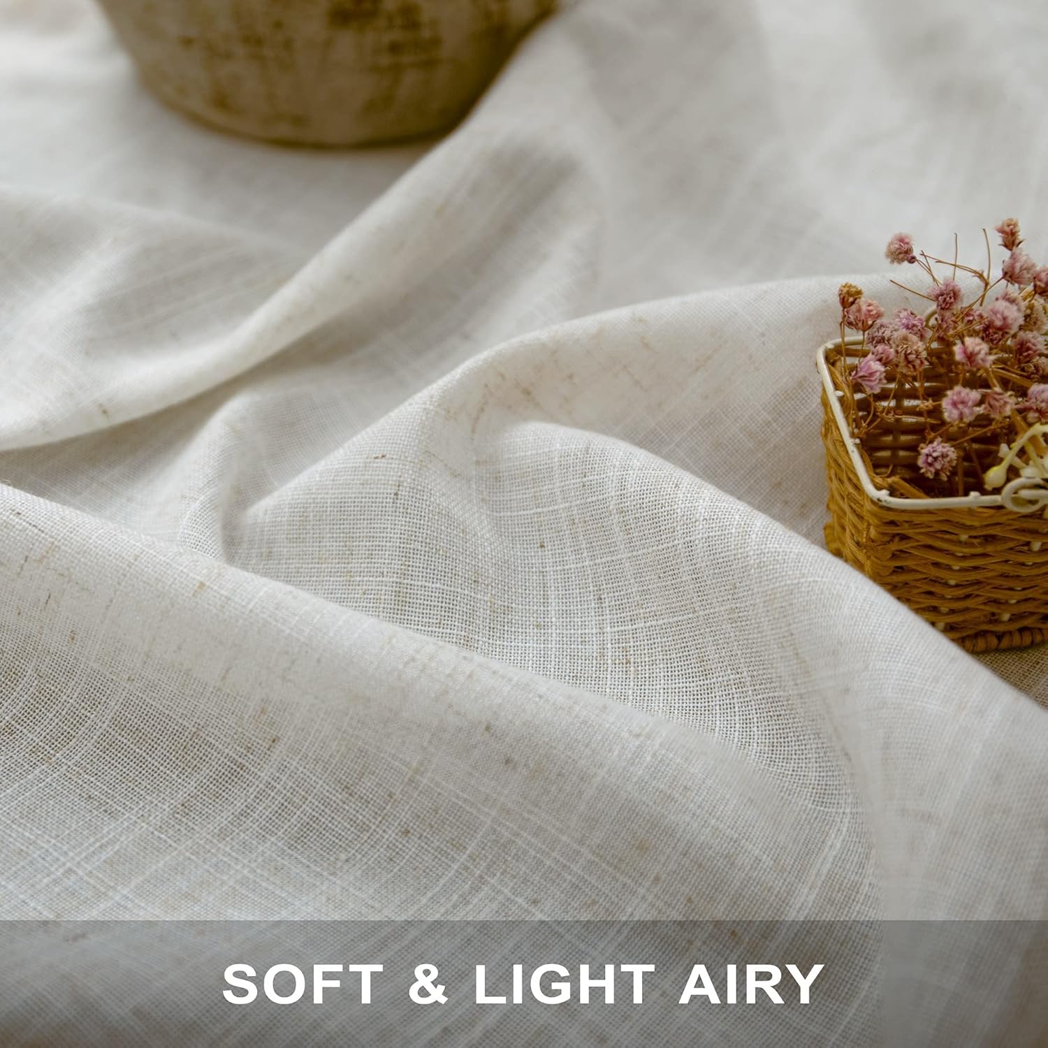 Natural Linen Back Tab Curtains 84 Inch Length for Living Room 2 Panel Pocket Drape Light Filtering Semi Sheer Neutral Country Rustic Farmhouse Boho Curtain Bedroom Muslin Look Ivory Cream Colored