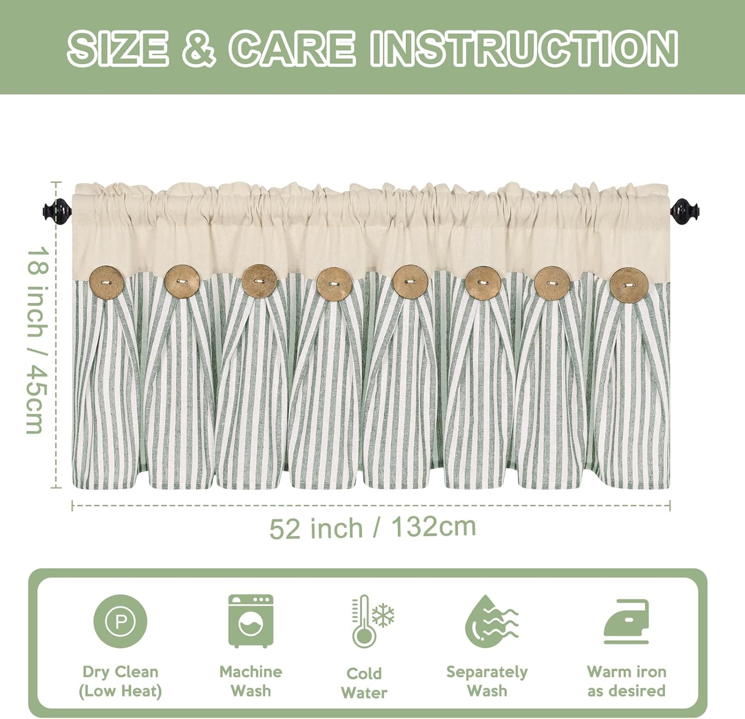 ASPMIZ Cotton Linen Kitchen Valance Curtains, Boho Rustic Button Linen Valances for Windows Farmhouse, Green Stripe Valance Window Treatment Tiers, Rod Pocket Window Valances for Cafe, 52 x 18 Inch