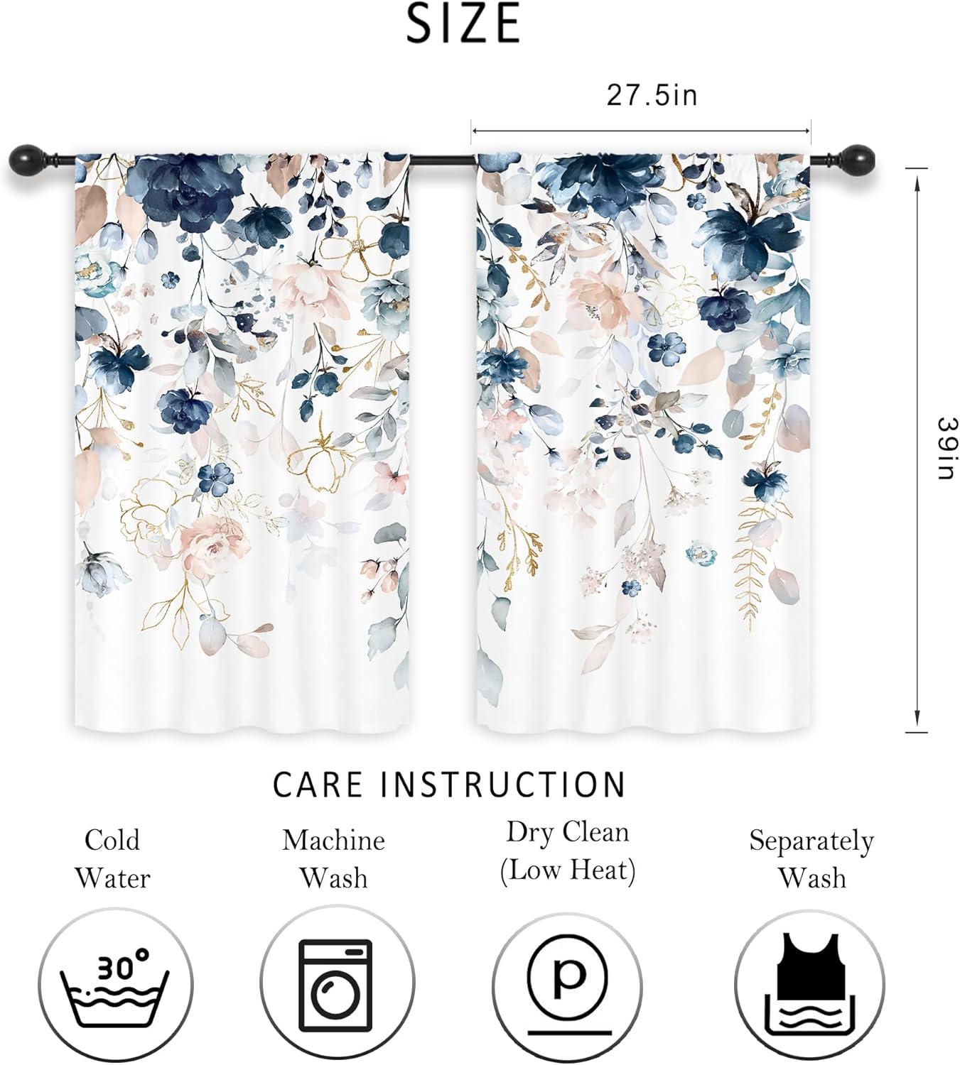 Riyidecor Navy Blue Floral Kitchen Curtains Short Small Pink Spring Wildflower Flower Leaf Plants Herbs Rod Pocket Natural Botanical Bedroom Living Room Treatment Fabric 2 Panels 27.5Wx39H Inch