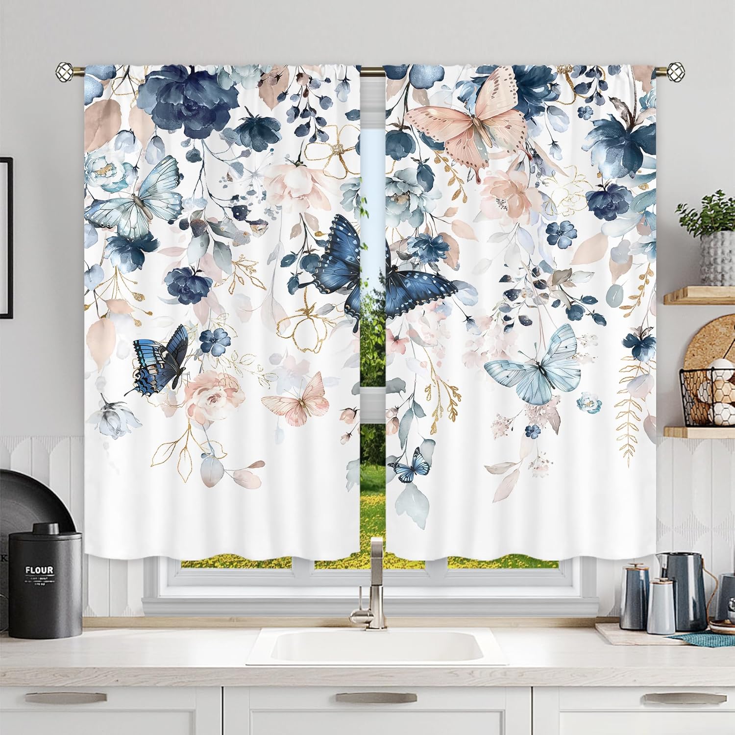 Alternative view of Mitpok Spring Floral Kitchen Curtains, Flower Curtains for Kitchen Short Small 27.5Wx39H Inch Rod Pocket Navy Blue Butterfly Watercolor Plant Leaves Pastel 2 Panel Window Treatment Set for Room Decor