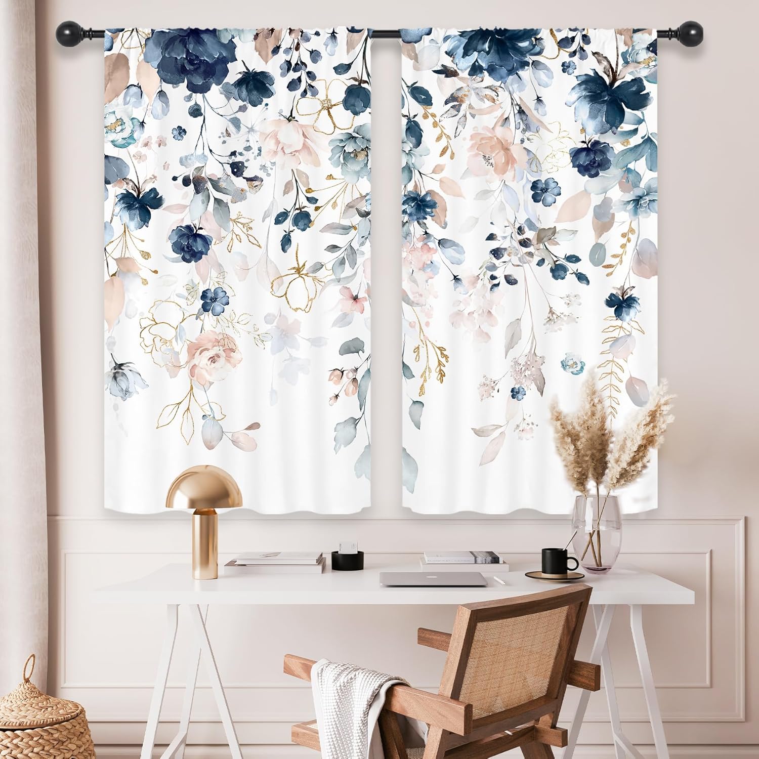 Alternative view of Riyidecor Navy Blue Floral Kitchen Curtains Short Small Pink Spring Wildflower Flower Leaf Plants Herbs Rod Pocket Natural Botanical Bedroom Living Room Treatment Fabric 2 Panels 27.5Wx39H Inch