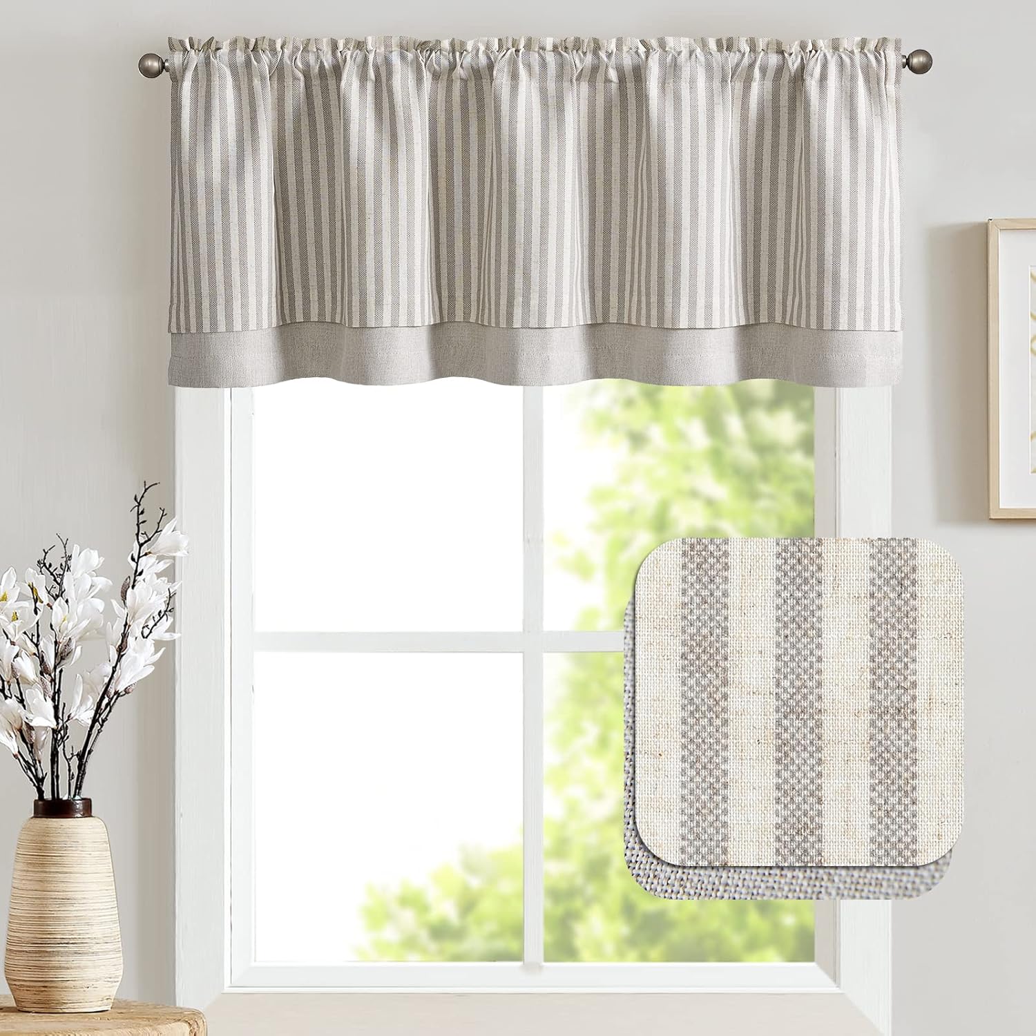 jinchan Linen Valance Curtain Striped Valance for Windows 18 Inch Light Filtering Kitchen Curtain Farmhouse Double Layer for Living Room Ticking Rod Pocket 1 Panel Taupe Grey on Linen