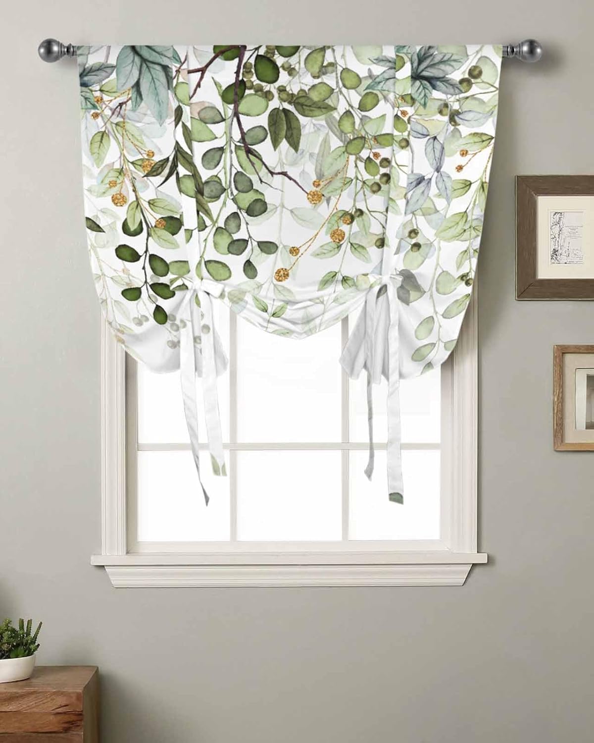 Tie Up Curtain for Windows,Green Eucalyptus Leaves Watercolor Botanical on White Balloon Rod Pocket Curtains Tie-up Valance for Kitchen Bedroom,Abstract Foliage Window Treatment 1 Panel 34x45in