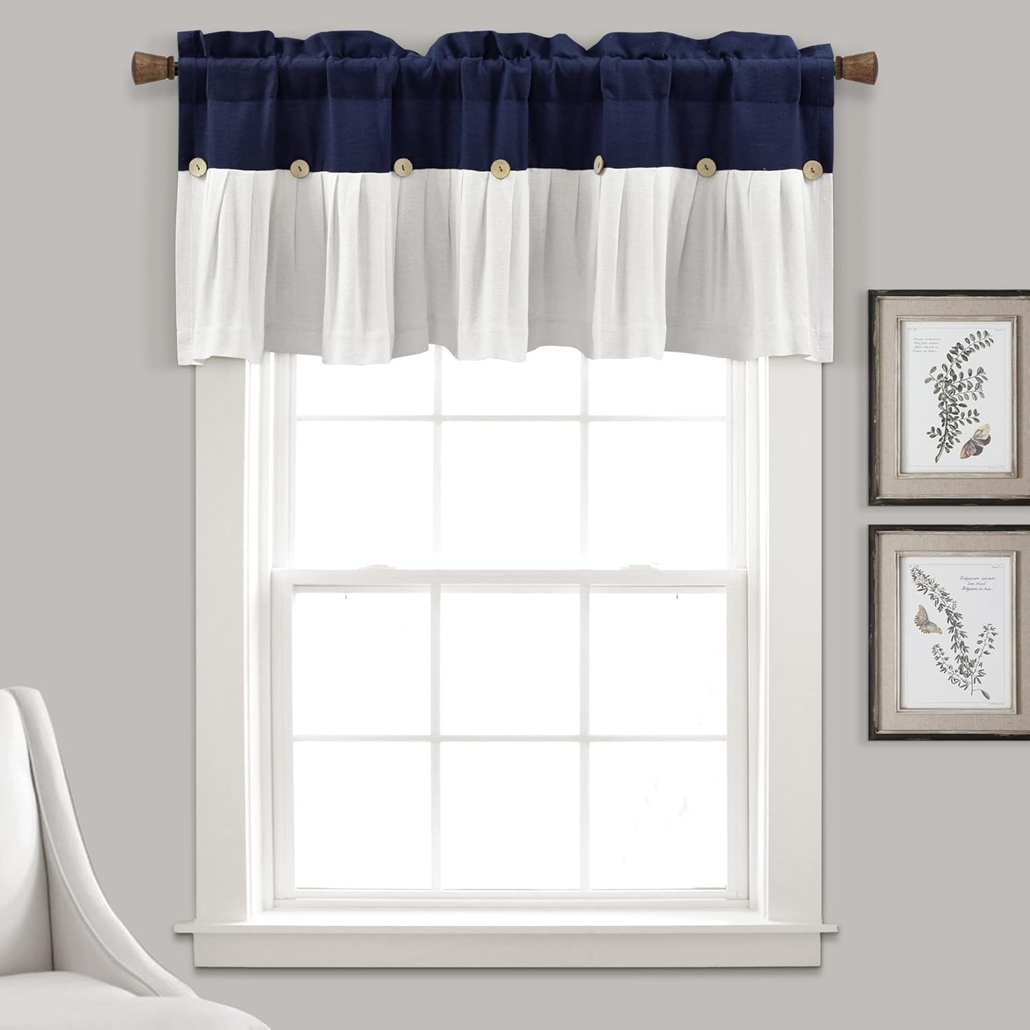 Lush Decor Linen Button Farmhouse Valance Curtians 52"W x 18"L Linen - Linen Valances For Windows - Kitchen Curtains Valances - Bathroom Curtain