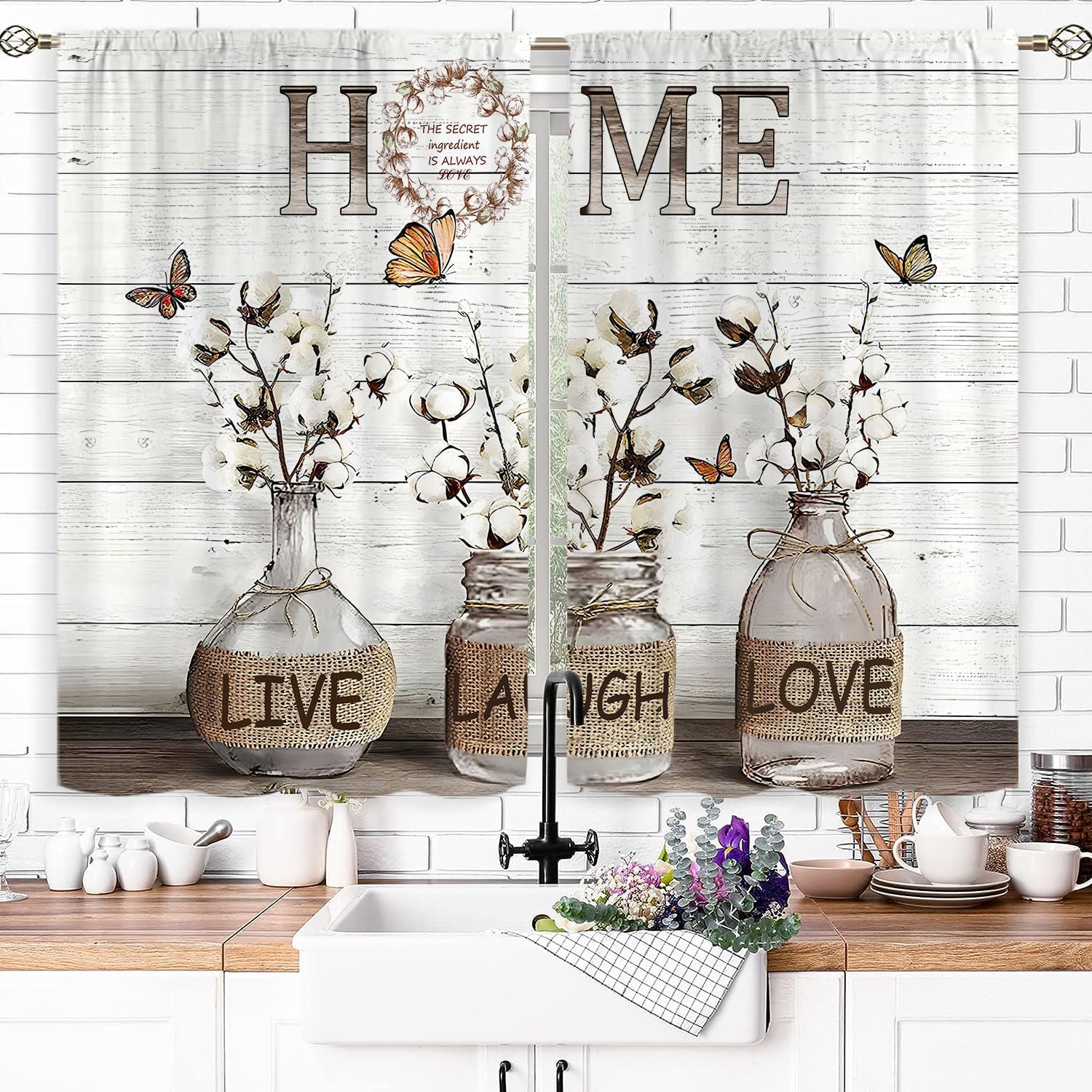 Alternative view of Famiffty Rusitc Farmhouse Cotton Kitchen Curtains 27.5W X 39L Inch 2 Panels Rod Pocket Country Retro Wood Vintage Small Short Cafe Curtain Inspirational Window Drapes Treatment Bathroom Home Decor