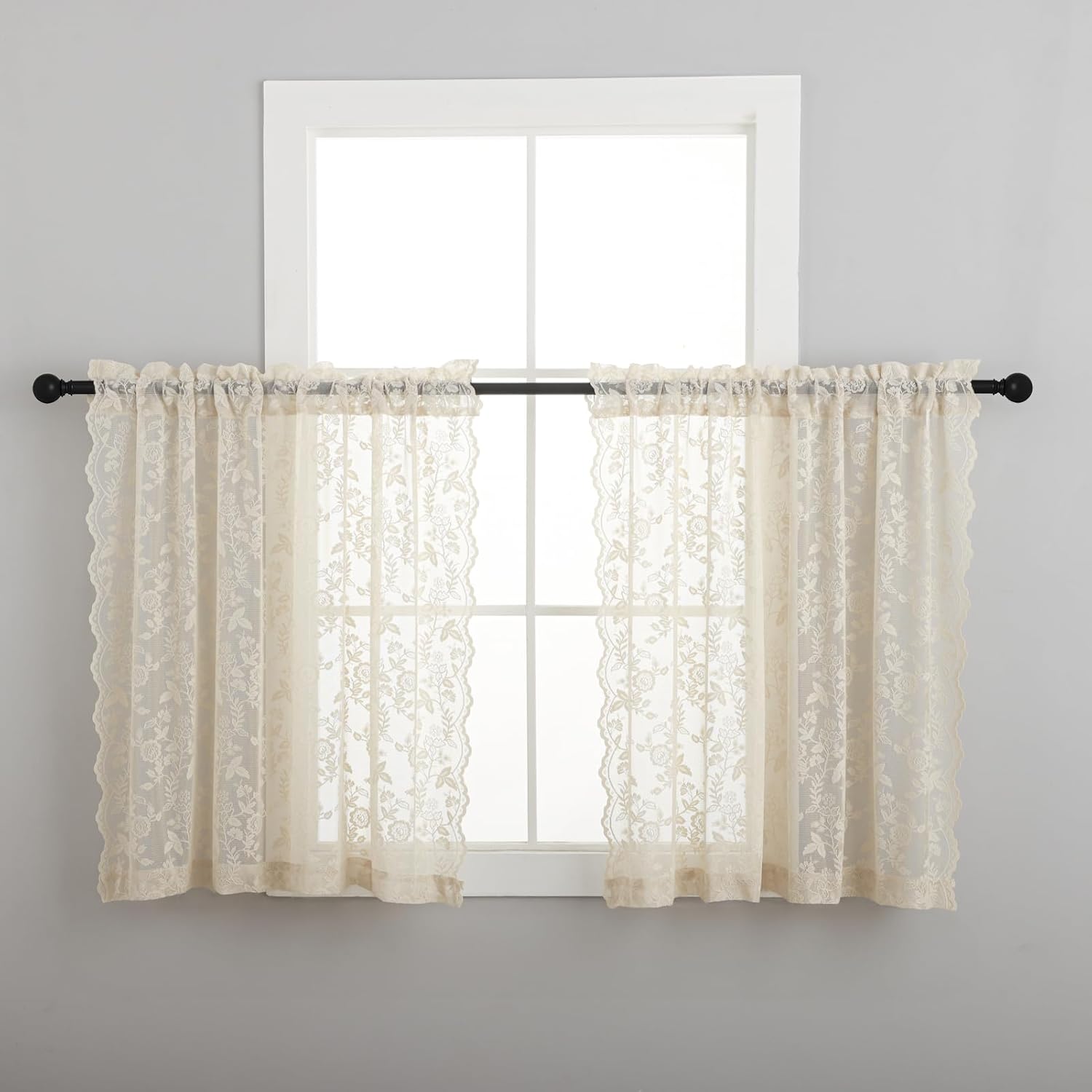 FINECITY Beige Lace Curtains 36 Inch Length 2 Panels Rusitc Leaf Floral Short Sheer Curtains for Kitchen Window Over Sink, Rod Pocket Privacy Light Filtering Lace Cafe Curtain, 42 x 36 Inch