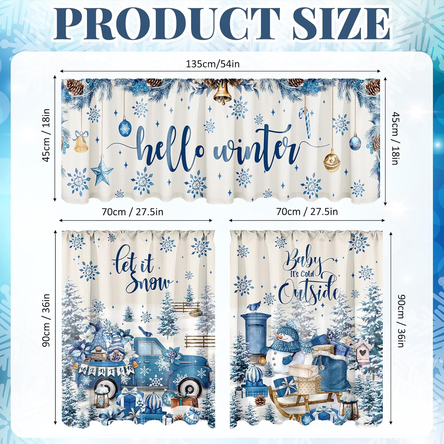 Breling 3 Pcs Winter Snowflake Kitchen Curtains Valances and Tiers Set for Windows Winter Snowman Gnome Gifts Pine Tree Decor Short Curtain Set for Bedroom Window Treatment Decor Party Supplies
