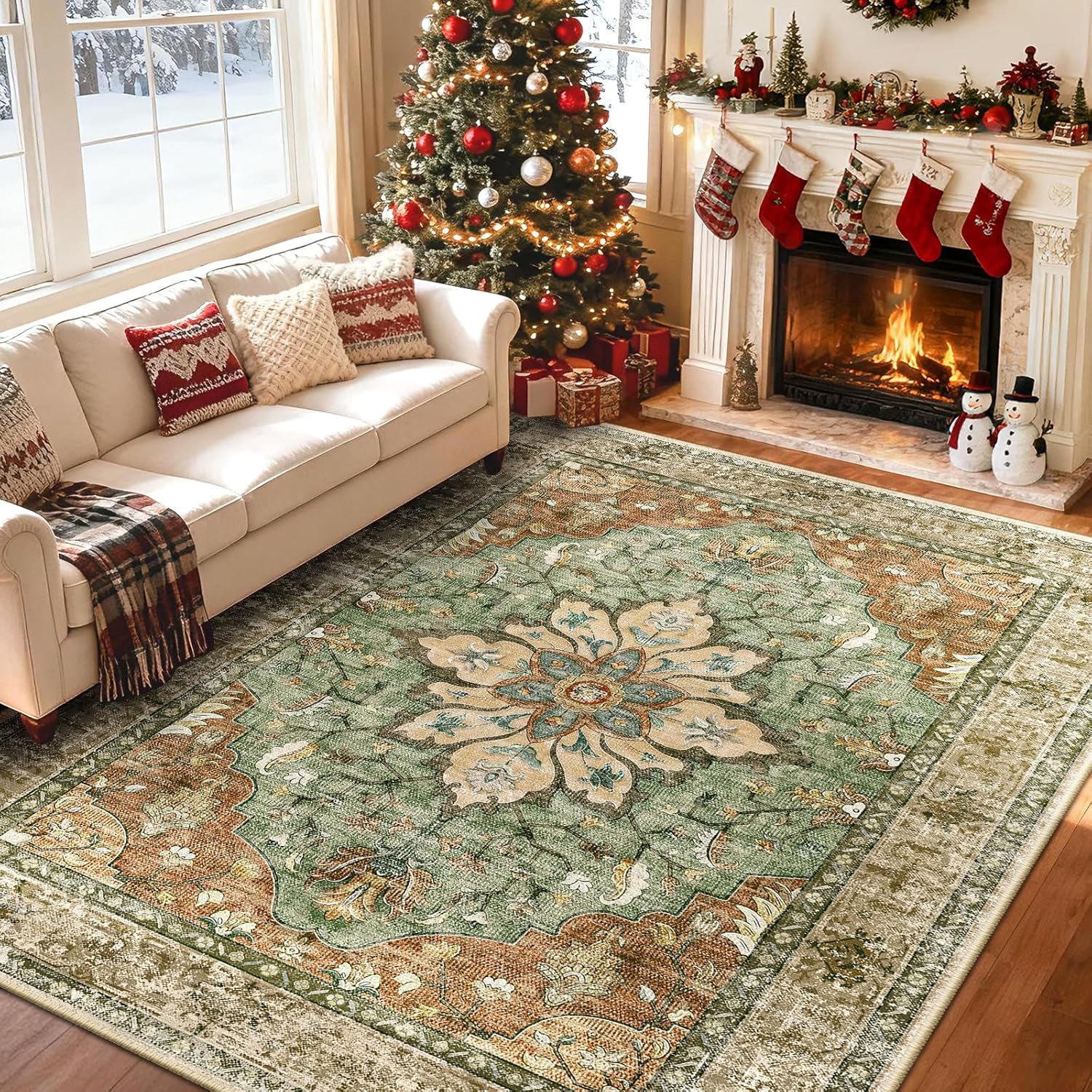 Alternative view of RELEANY Area Rugs 8'x10' Washable Non-Slip, Floral Vintage Distress Print Pattern Medallion Carpet for Living Room Bedroom Dining Room, Brick Red Rust Neutral Brown Burnt Orange Green