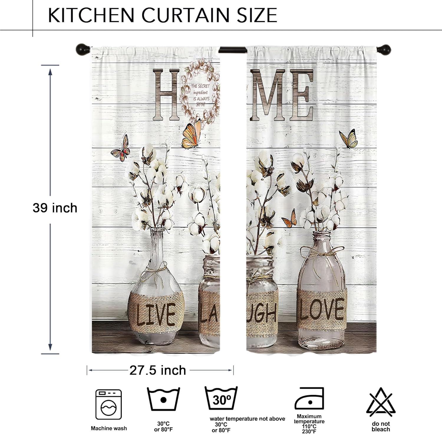 Famiffty Rusitc Farmhouse Cotton Kitchen Curtains 27.5W X 39L Inch 2 Panels Rod Pocket Country Retro Wood Vintage Small Short Cafe Curtain Inspirational Window Drapes Treatment Bathroom Home Decor