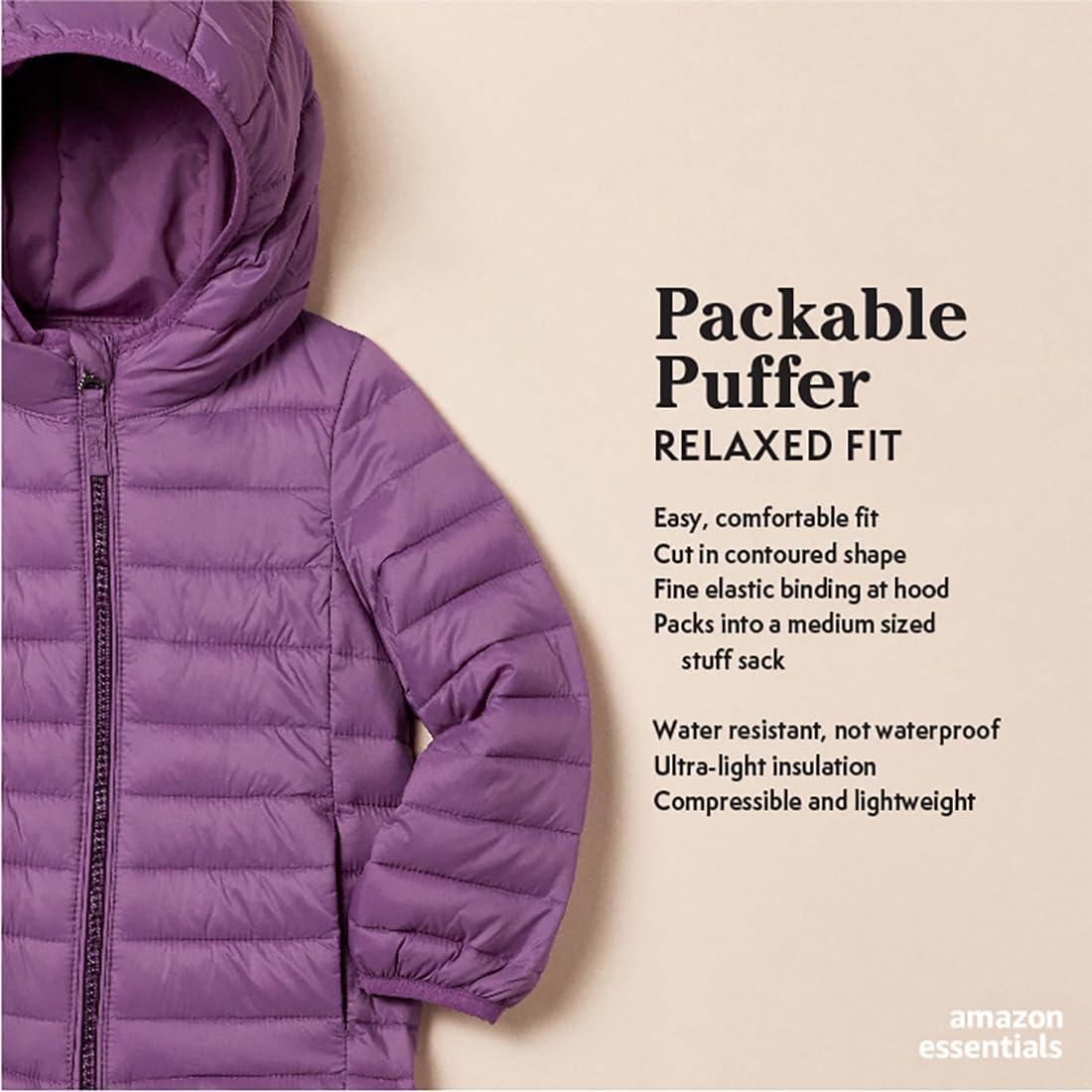 Amazon Essentials Girls and Toddlers' Lightweight Water-Resistant Packable Hooded Puffer Jacket