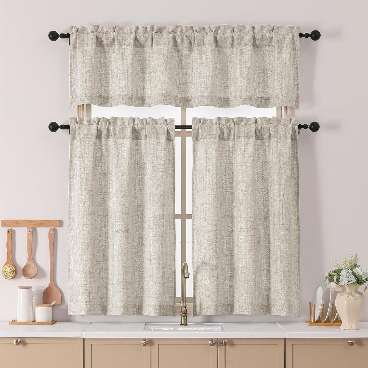 Alternative view of Chyhomenyc Valance for Windows, Light Filtering Faux Linen Slub Textured Small Kitchen Valance, Rod Pocket Top Window Short Curtain for Bathroom Basement Farmhouse, 60Wx14L Inch, Linen Color