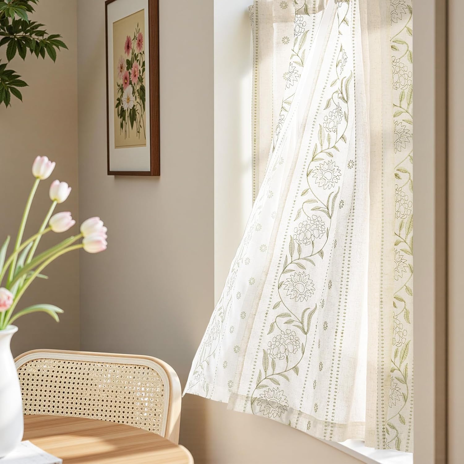 jinchan Winslow Linen Curtains 45 Inch Length Small Window Curtains Embroidered Bordered Floral Drapes Light Filtering for Bathroom Laundry Room Kitchen Farmhouse Decor Sage on Beige 2 Panels