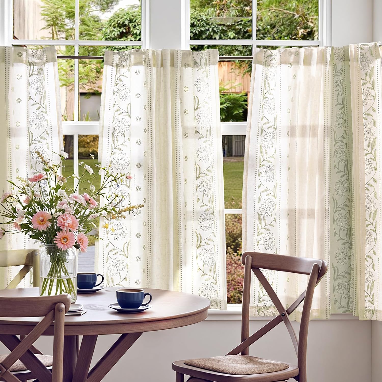 Alternative view of jinchan Winslow Linen Curtains 45 Inch Length Small Window Curtains Embroidered Bordered Floral Drapes Light Filtering for Bathroom Laundry Room Kitchen Farmhouse Decor Sage on Beige 2 Panels