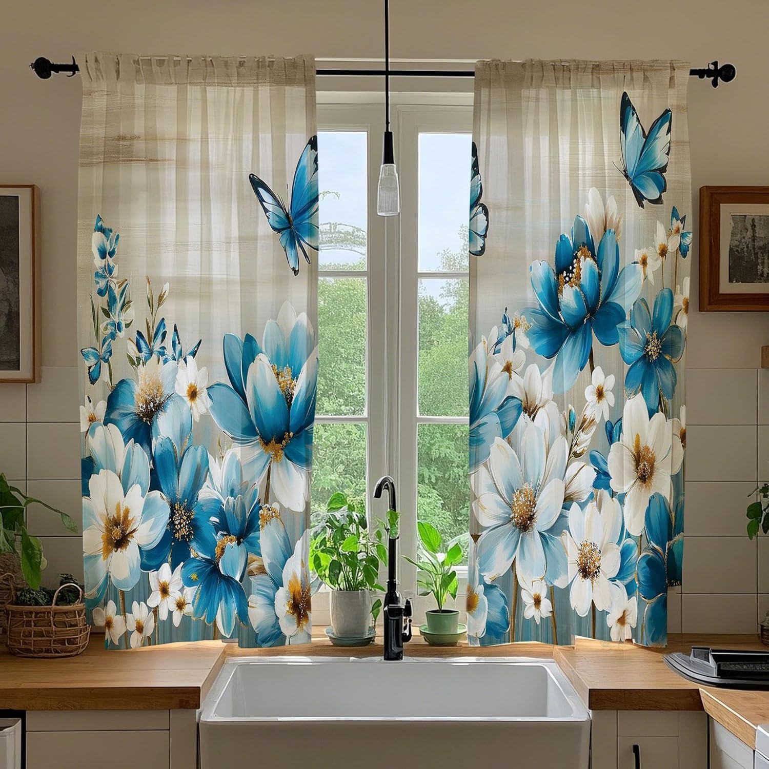 Alternative view of Opeoddie Blue Kitchen Curtains, Bathroom Window Curtain Short Small Cafe Curtains 36 Inch Length 2 Panels Boho Blossom Flower Vintage Floral Tulip Butterfly Botanical Window Treatment Tiers Drapes