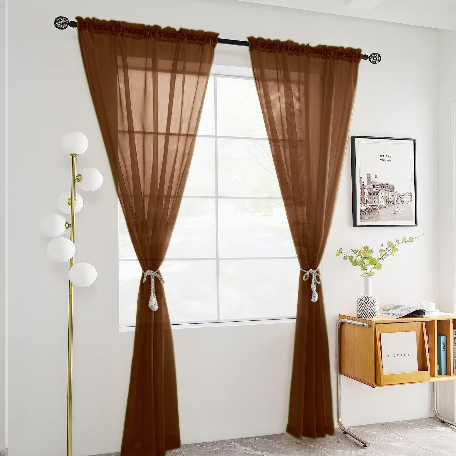 SpaceDresser Sheer Voile Window Treatment Rod Pocket Curtain Panels for Kitchen Bedroom Living Room Drapes Sunlight Filtering Privacy Semi Home Decor Assorted (Brown, 52 W x 84 L)