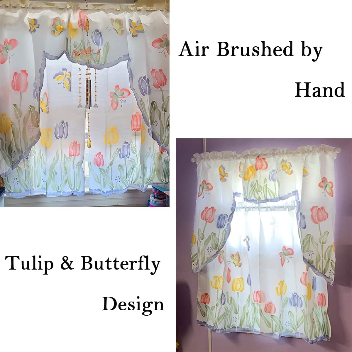Alternative view of GOHD 3pcs Farmhouse Kitchen Cafe Curtain Set Air Brushed by Hand of Flowers and Butterfly Design on Thick Satin Fabric (Tulip Vigor)