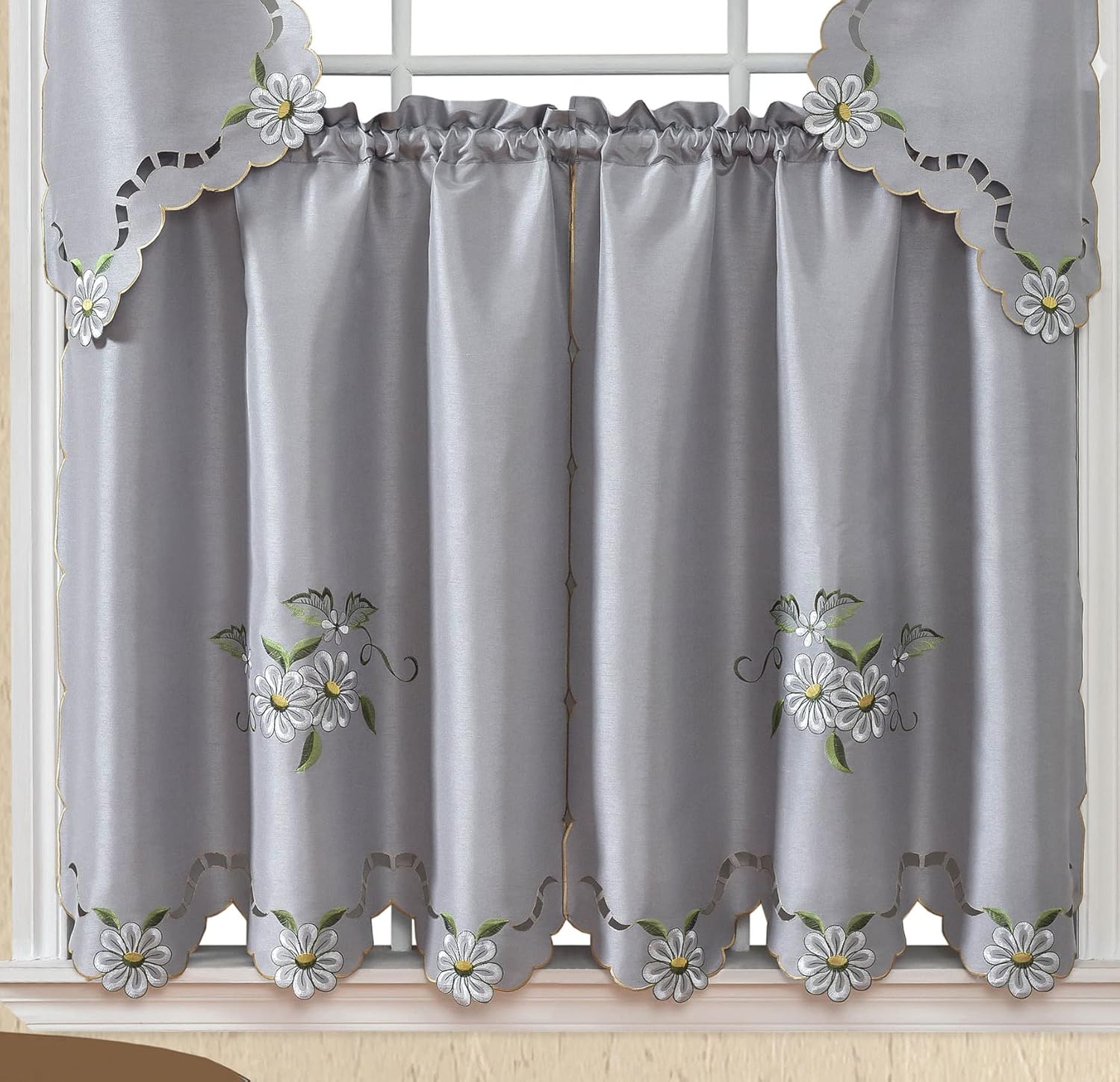 GOHD Cutwork Floral. Kitchen Curtain Set. Swag Valance and Tier Set. Nice Embroidery on Faux Silk Fabric with cutworks. (Grey)