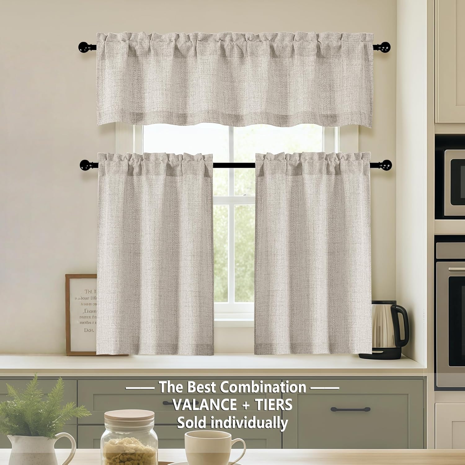 Alternative view of OVZME 2 Panels Kitchen Curtains 36 Inch Length, Faux Linen Textured Small Cafe Window Curtain Over Sink, Light Filtering Short Curtain Tiers for Bathroom Basement, 30x36 Inch, 2PCS, Linen Color