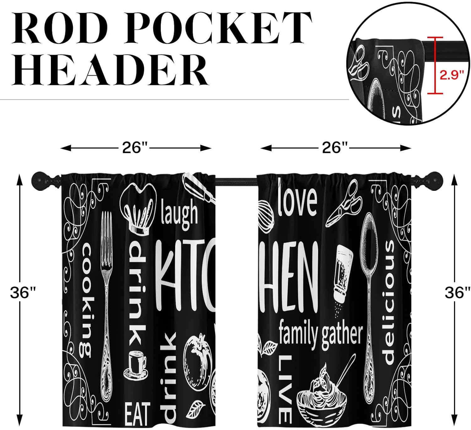 Arttown Black Kitchen Curtains 36 Inch Length Doodle Window Short Tier Curtains Over Sink Set of 2, Funny Abstract Small Kitchen Decor