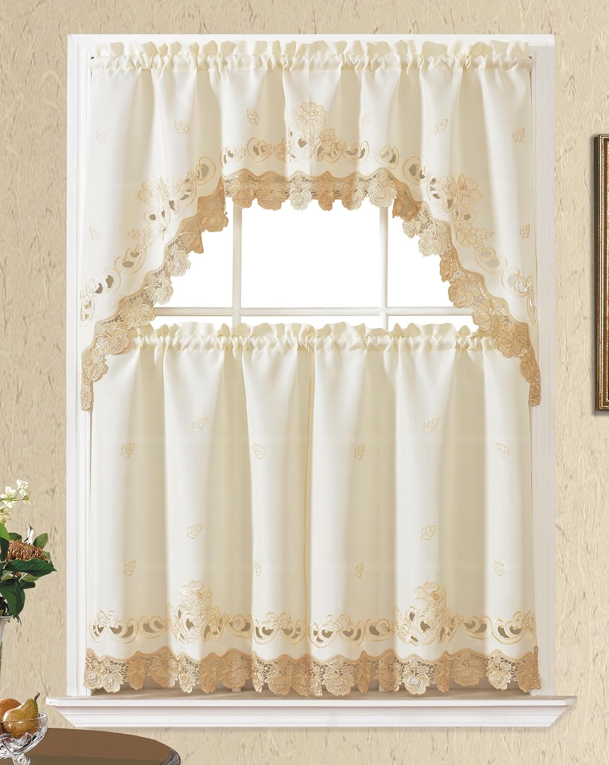 GOHD Lace Rosarium Kitchen Curtains, 3PCS Kitchen Curtains and Valances Set, Elegant White Fabric with Rose Embroidery and Lace. (Beige, Swag and 34 inches Tiers Set)