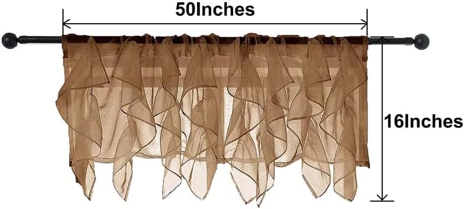 PearAge Ruffled Voile Semi Sheer Curtain Valance, Kitchen Living Room Shabby Chic Ruffle Valance Curtains, Girls Daughters Bedroom Cascade Window Valance Rust Brown 50x16 Inches