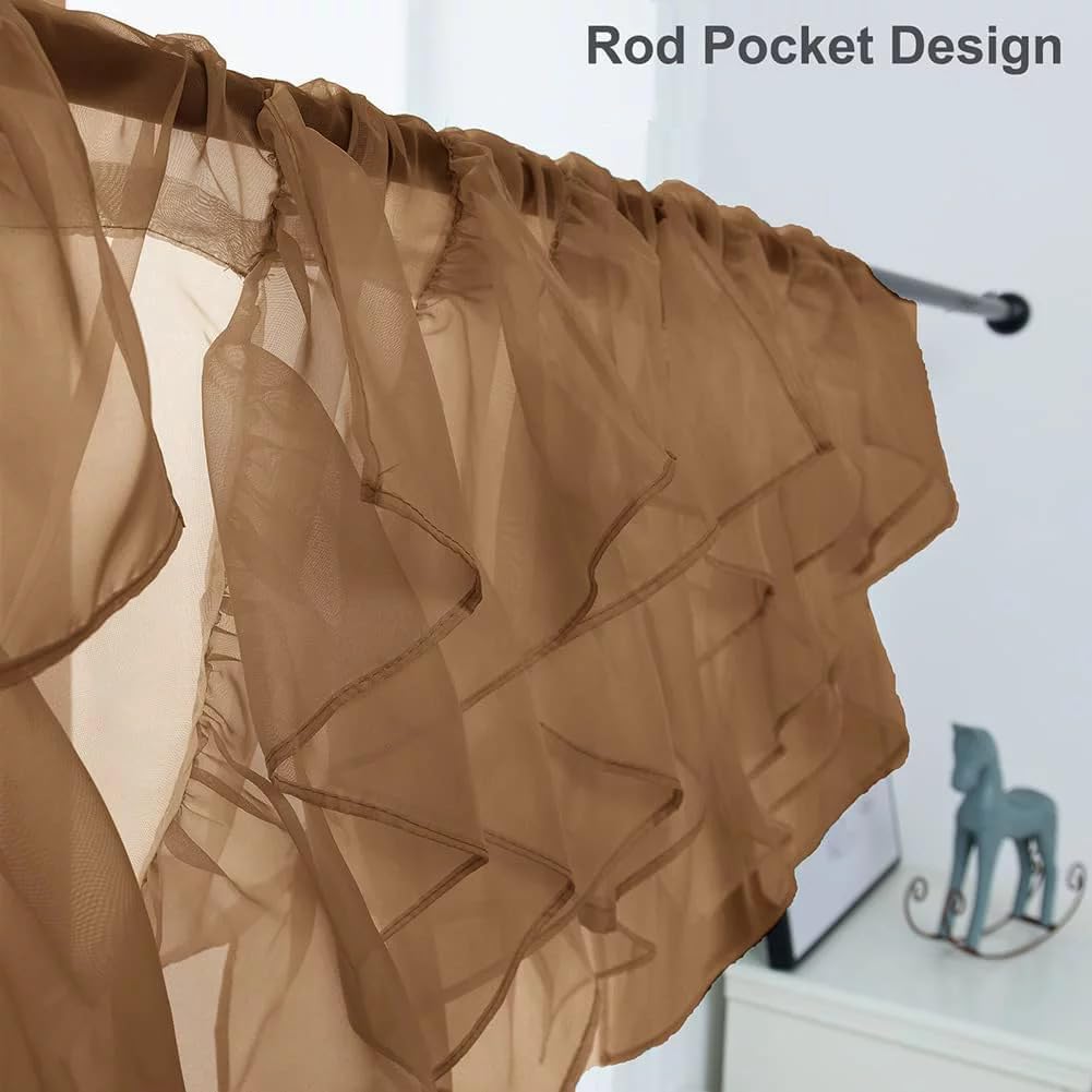 Alternative view of PearAge Ruffled Voile Semi Sheer Curtain Valance, Kitchen Living Room Shabby Chic Ruffle Valance Curtains, Girls Daughters Bedroom Cascade Window Valance Rust Brown 50x16 Inches
