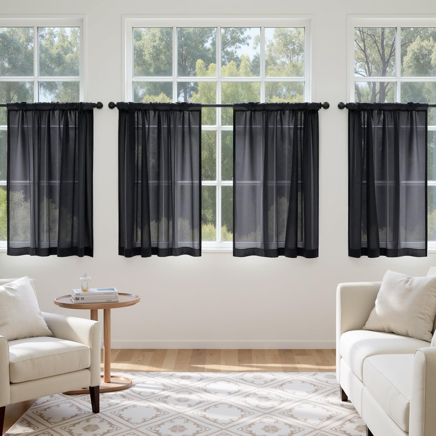MIULEE Black Curtains 24 Inch Length for Small Window,4 Panels Set, Short Sheer Curtains Rod Pocket Light Filtering Tier for Kitchen/Bathroom/Basement, 42W x 24 Inches