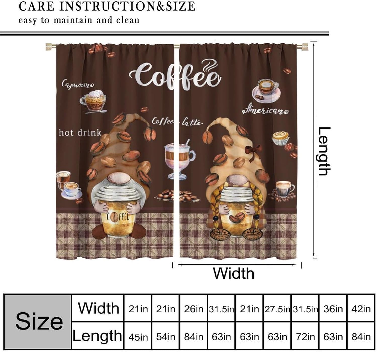 Alternative view of Coffee Gnome Kitchen Curtains, Rustic Vintage Coffee Theme Latte Cappuccino Cafe Beans Brown Farmhouse Country Windows Treatments Drapes For Dining Room Living Room Bedroom 42x45in（No Blackout）