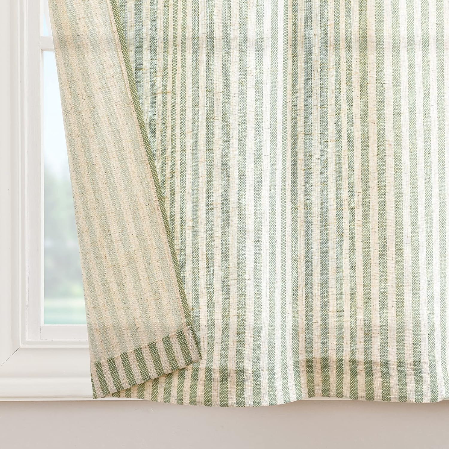 Alternative view of jinchan Striped Kitchen Curtains and Valance Set 24 Inch Tier Curtains Ticking Stripe Linen Small Drapes Pinstripe for Cafe Living Room Bathroom Farmhouse 3 Pieces Set Rod Pocket Sage Green